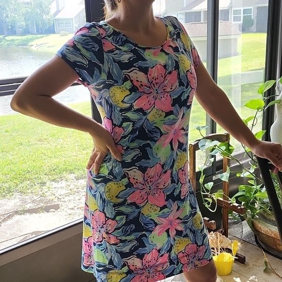 VEUC Sz M LP S/S Navy Pink Yellow Green Dress - Picture 9 of 11